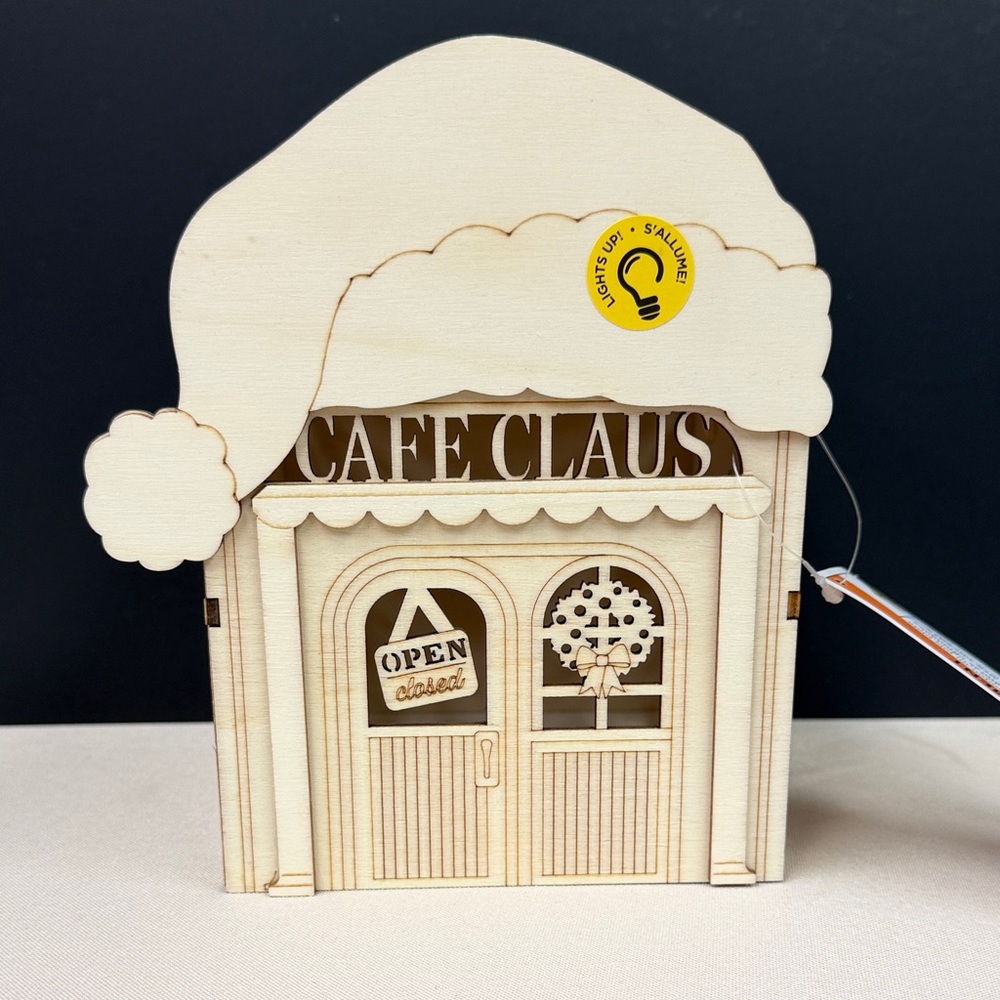 Make Market Wooden Cafe Claus Holiday Decor - Natural Wood diy LED wood decor